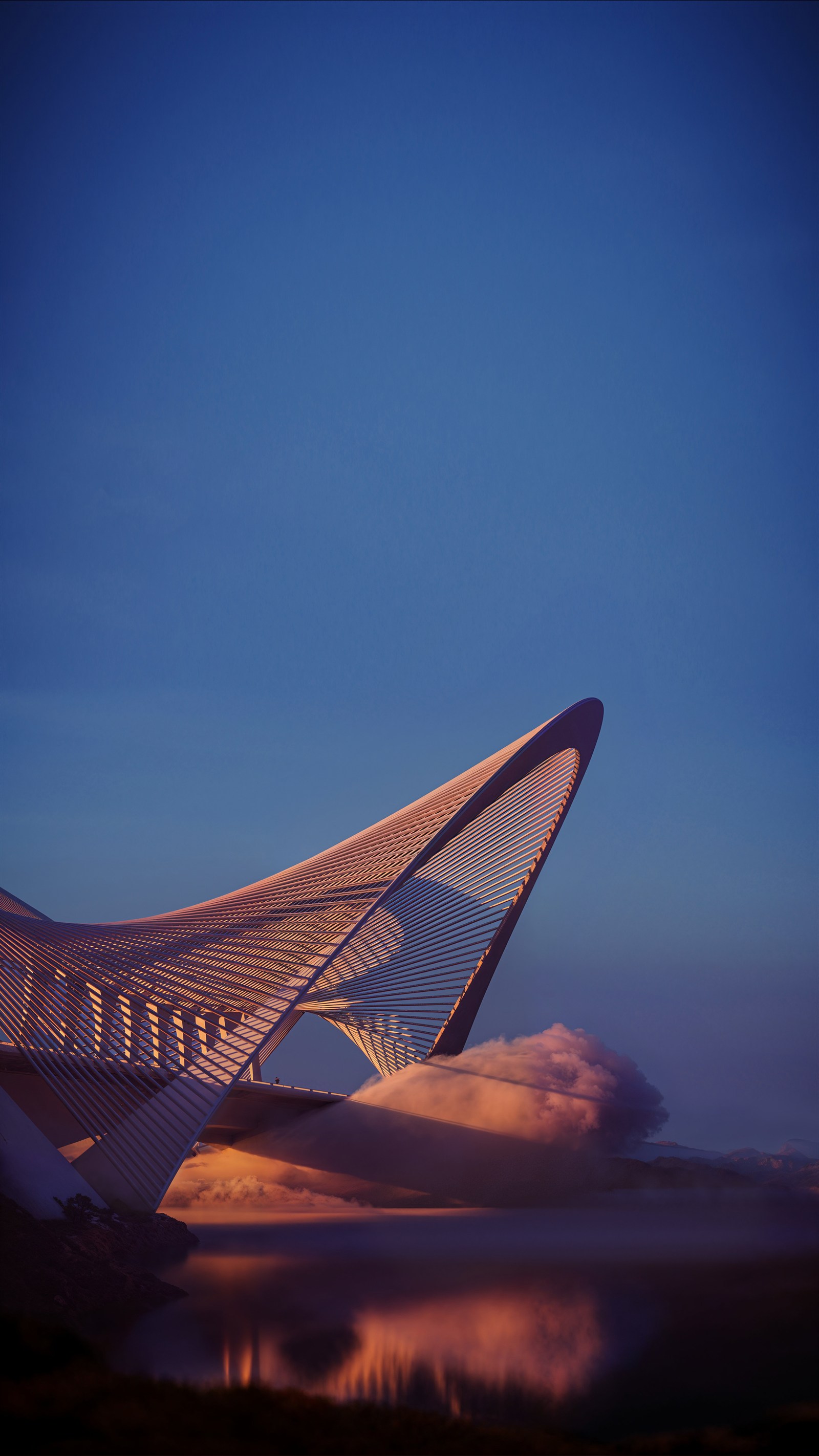 D2 Bridge — the competition image, cable bridge above the mist