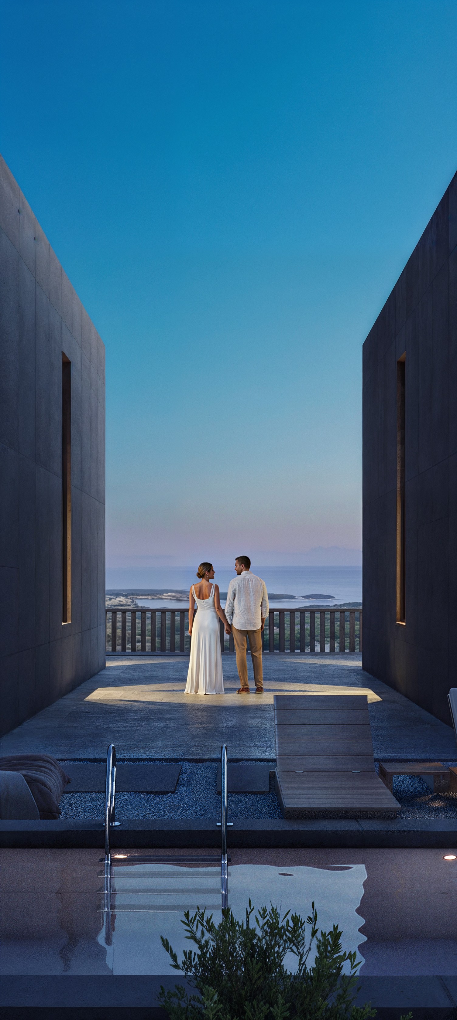 Twins — two villas above the sea at dusk